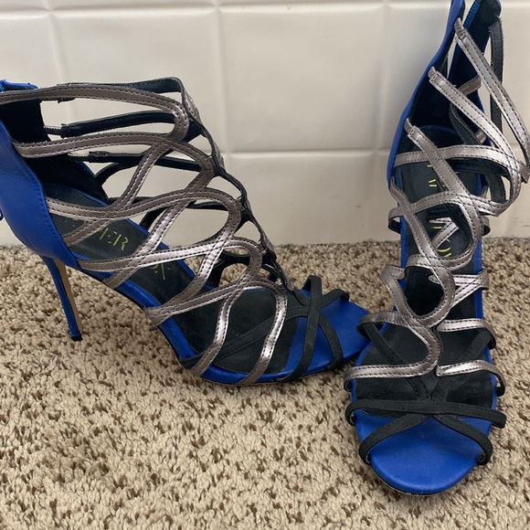 Blue/Silver/black strappy heels, 4.5 inch heel, size 7 - Picture 2 of 4